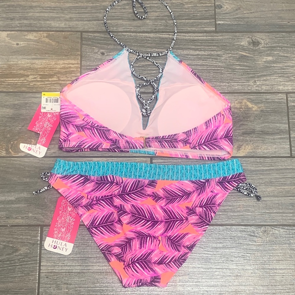 Small NWT Hula Honey Leaf Breeze Bikini Top & Bottoms Lace Up Front High Neck - Picture 7 of 13
